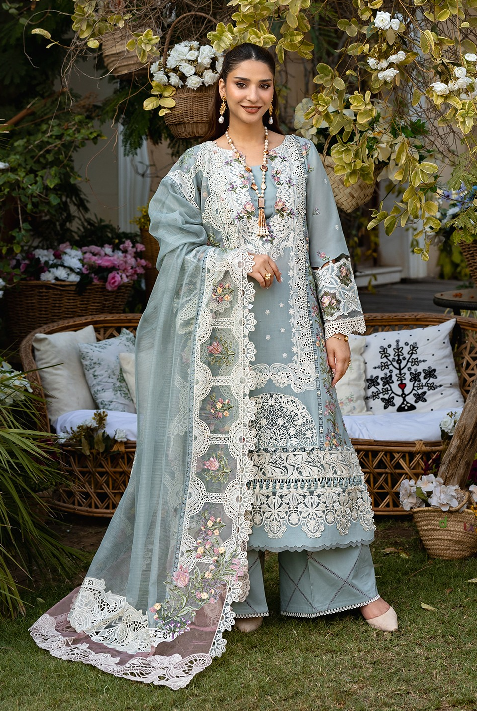 '-3PC DHANAK EMBROIDERED SHIRT WITH EMBROIDERED SHAWL & TROUSER-BIC-