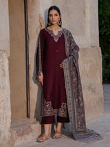 IZEL-3PC DHANAK EMBROIDERED SHIRT WITH COURTRAI PRINTED SHAWL & TROUSER-BIC-4364
