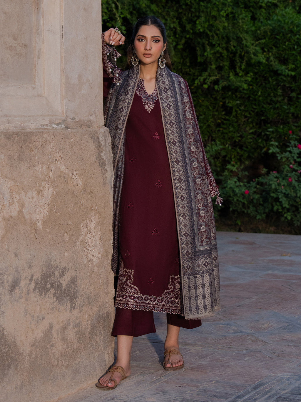 IZEL-3PC DHANAK EMBROIDERED SHIRT WITH COURTRAI PRINTED SHAWL & TROUSER-BIC-4364
