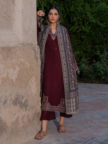 IZEL-3PC DHANAK EMBROIDERED SHIRT WITH COURTRAI PRINTED SHAWL & TROUSER-BIC-4364