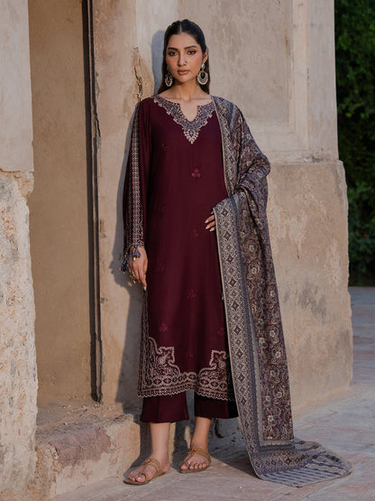 IZEL-3PC DHANAK EMBROIDERED SHIRT WITH COURTRAI PRINTED SHAWL & TROUSER-BIC-4364