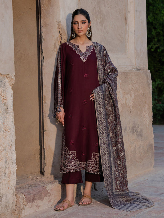 IZEL-3PC DHANAK EMBROIDERED SHIRT WITH COURTRAI PRINTED SHAWL & TROUSER-BIC-4364