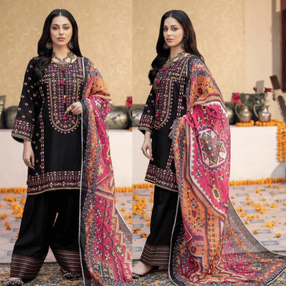 Dhanak-3PC Embroidered Shirt with Digital Printed Wool Shawl