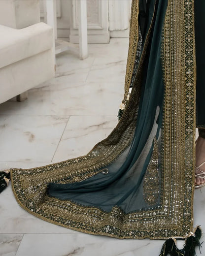 DHANAK -3PC Embroidered Shirt with Sequins Embroidered Dupatta- 8004 B Green