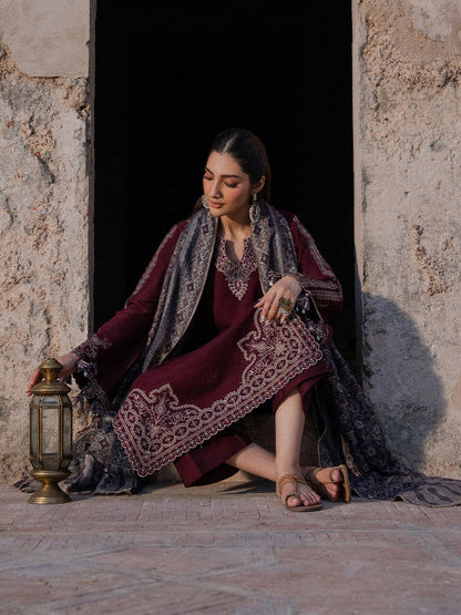 IZEL-3PC DHANAK EMBROIDERED SHIRT WITH COURTRAI PRINTED SHAWL & TROUSER-BIC-4364