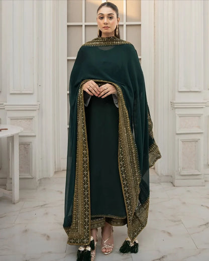 DHANAK -3PC Embroidered Shirt with Sequins Embroidered Dupatta- 8004 B Green