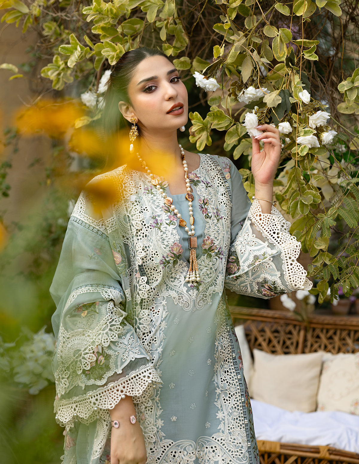 '-3PC DHANAK EMBROIDERED SHIRT WITH  EMBROIDERED SHAWL & TROUSER-BIC-