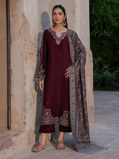 IZEL-3PC DHANAK EMBROIDERED SHIRT WITH COURTRAI PRINTED SHAWL & TROUSER-BIC-4364