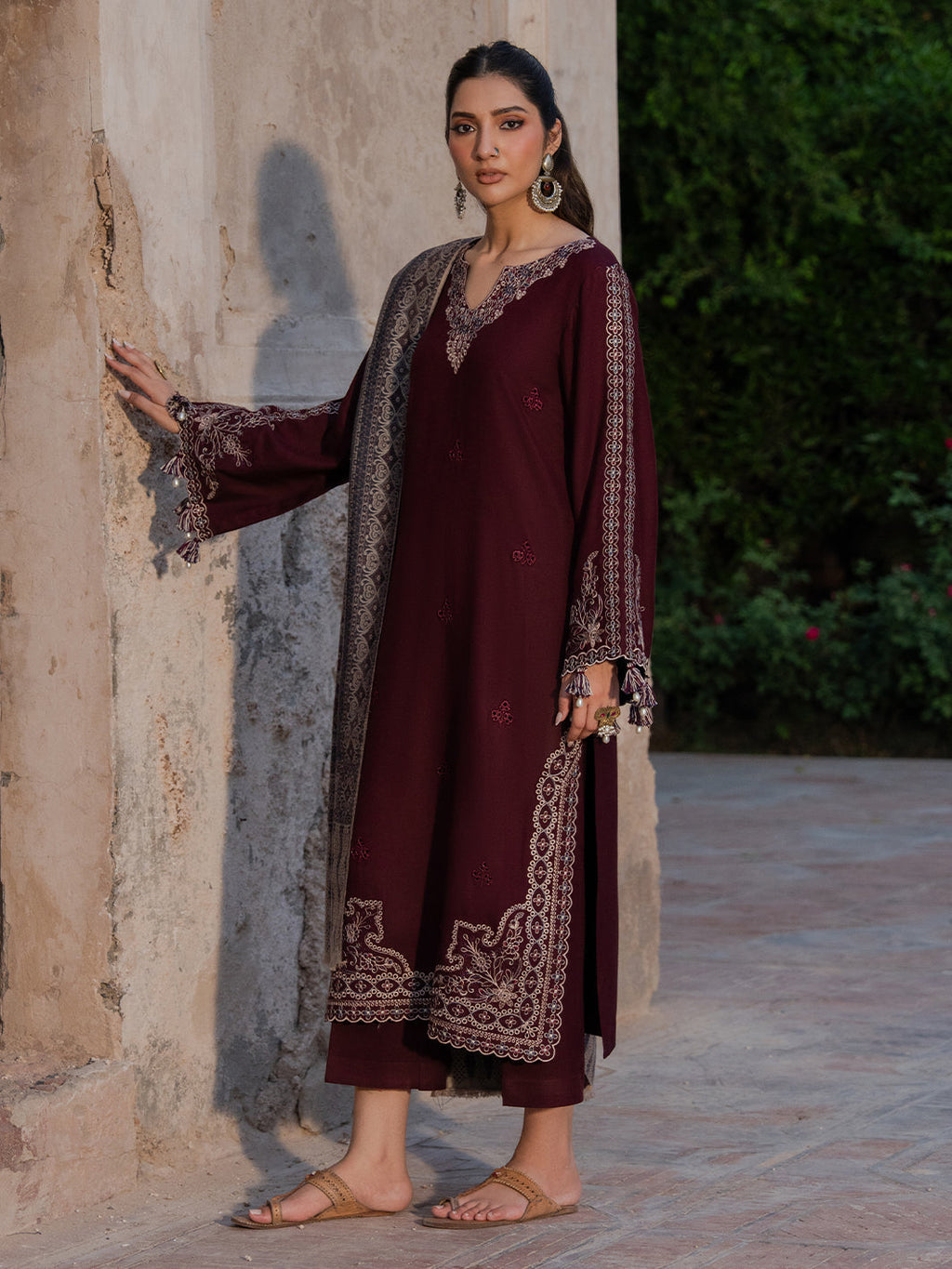 IZEL-3PC DHANAK EMBROIDERED SHIRT WITH COURTRAI PRINTED SHAWL & TROUSER-BIC-4364