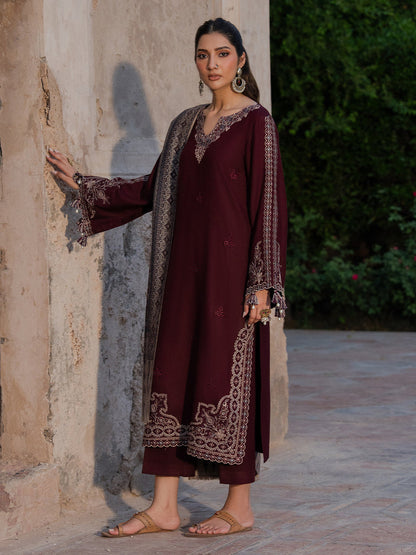IZEL-3PC DHANAK EMBROIDERED SHIRT WITH COURTRAI PRINTED SHAWL & TROUSER-BIC-4364