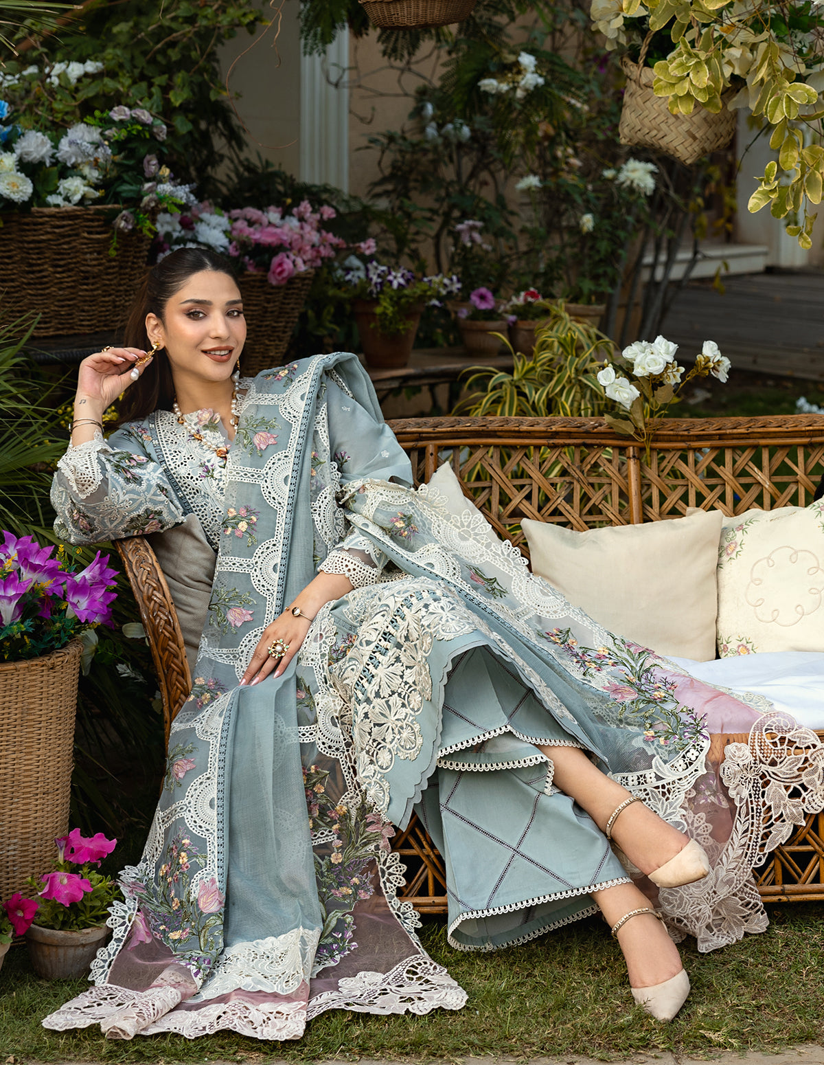 '-3PC DHANAK EMBROIDERED SHIRT WITH  EMBROIDERED SHAWL & TROUSER-BIC-