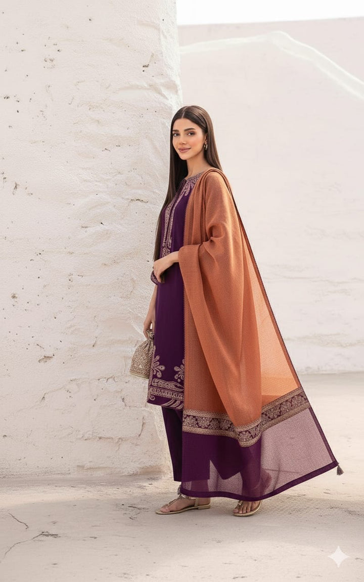 Premium Lawn 3pc Heavy Embroidery with printed Monar Shawl