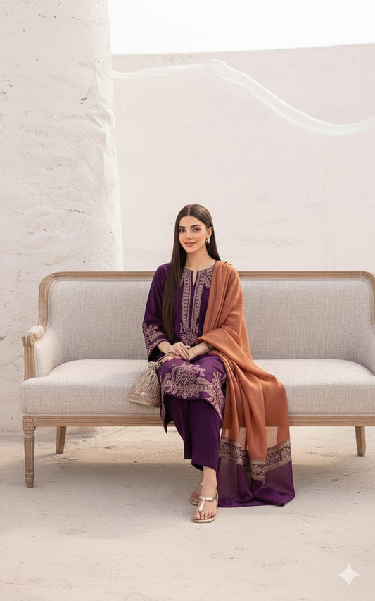 Premium Lawn 3pc Heavy Embroidery with printed Monar Shawl